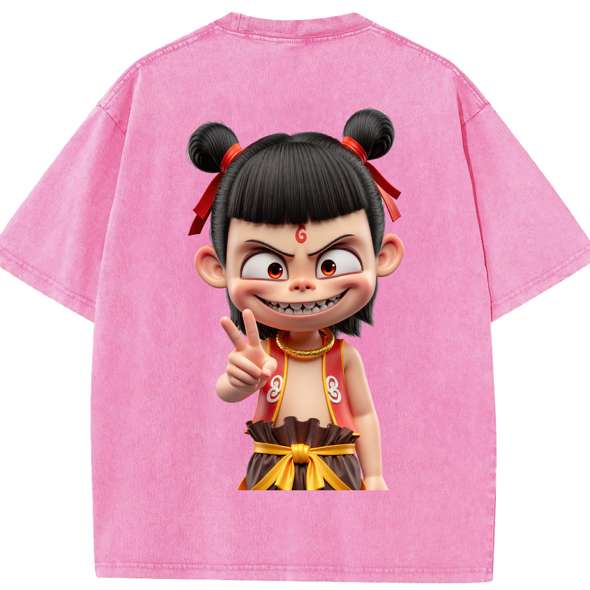 （画像用） Ne Zha 2 ナタ 魔童の大暴れ 綿100% ヴィンテージ風 半袖Tシャツ（背面プリント）
